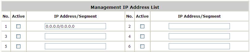 12.2. Management IP Configure Management IP; go to: System >> General. Only PCs within this IP range on the list are allowed to access the system's web management interface. For example, 10.2.3.