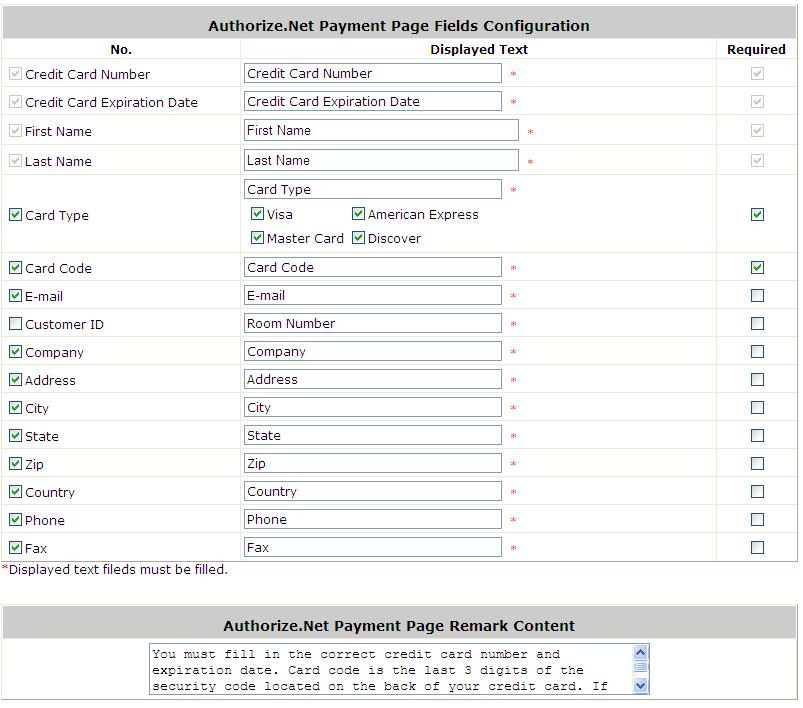 Authorize.Net Payment Page Fields Configuration/ Authorize.Net Payment Page Remark Content Authorize.