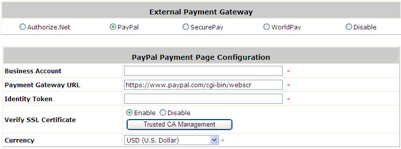 16.2. Payments via PayPal Configure Payments via PayPal; go to: User >> Authentication >> On-demand User >> External Payment Gateway >> PayPal.