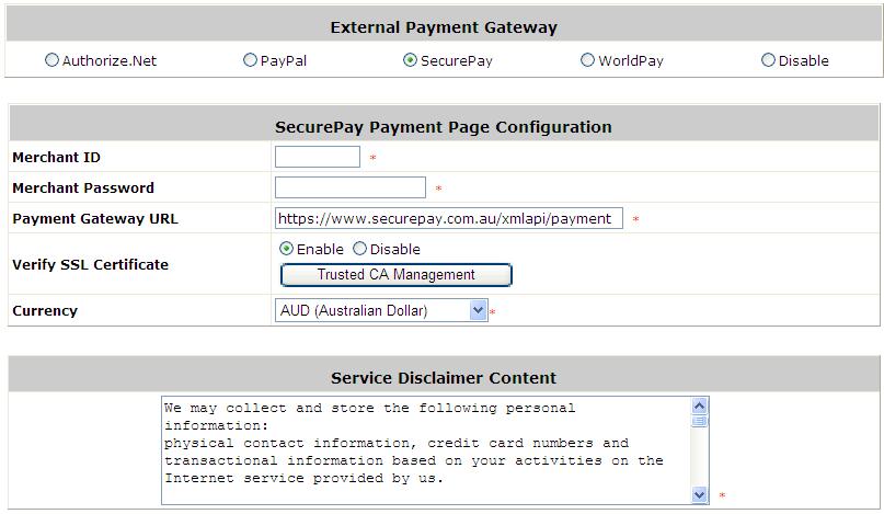 16.3. Payments via SecurePay Configure Payments via SecurePay; go to: User >> Authentication >> On-demand Users >> External Payment Gateway >> SecurePay.