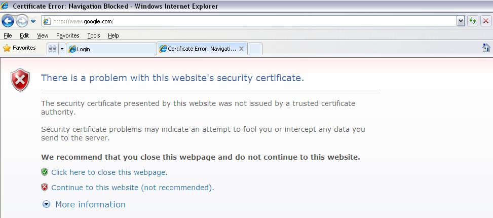 Certificate setting for Internet Explorer 7 For IE7, regarding certificate issues caused by certificate publisher not being trusted by IE7, the following steps may be taken to provide a workaround or