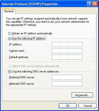 5) Using Specific IP Address: If you want to use a specific IP address, acquire the following information from the network administrator: the IP Address, Subnet Mask and DNS Server address provided