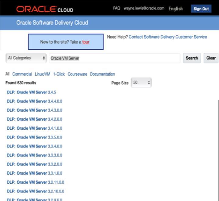 Figure 12: Oracle Software Delivery Cloud download screen for Oracle VM You only need to burn the Oracle VM Server ISO to disc or USB stick as the Oracle VM Manager ISO can be simply mounted by the