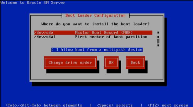 If you are using a SAN to boot your Oracle VM Server from, be careful to check the Allow boot from a multipath device option if you have a multipath boot device (screen shown here