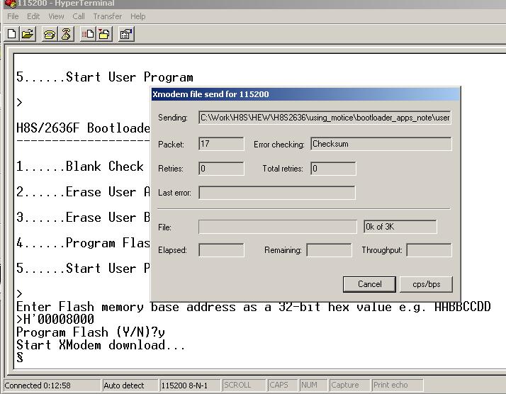 Figure 10: Downloading the Target Application Using Xmodem With the target program successfully in the Flash memory it can be executed either by selecting option 5 or by resetting the bootloader and