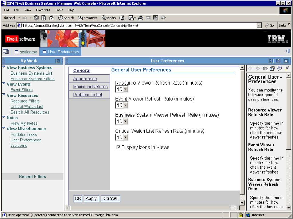 Figure 17 shows a Web console that has User Preferences open to the General page and also has the Task Assistant open. Figure 17.