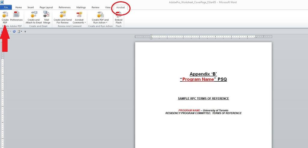Save or Print a Word Document in PDF Format 1. Open the required Word document. 2. Select the Acrobat tab from the file menu at the top of the page 3.