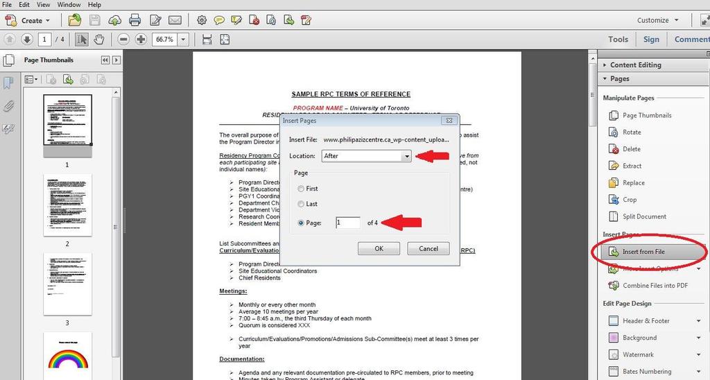 Merge Multiple PDF Documents to One File 1. Open required PDF document. 2. Select the Tools option from the (right) sidebar menu 3. Select the Pages drop down menu 4.