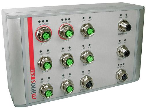 RS1 IP67 Industrial Ethernet Switch Managed 8-port rugged Ethernet switch Rugged aluminum enclosure (220 x 130 x 70 mm) anless and maintenance-free 8 ast Ethernet ports via M12 connectors 1 Gigabit
