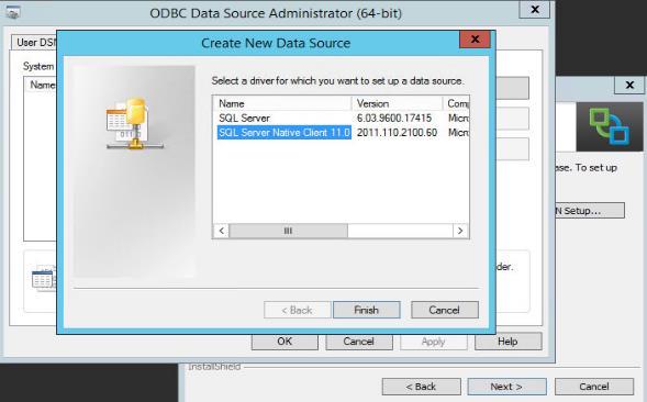 Create a new Data source and select SQL server native client.