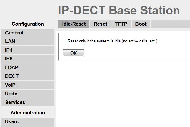 6.1.4. Reset IP-DECT Base Station Click Reset followed by the OK button to initiate the system reset.