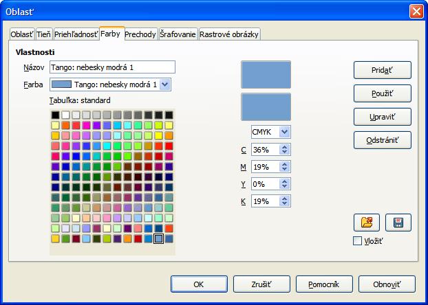 Obrázok 11: Dialógové okno Oblasť karta Farby Ak chceme načítať inú paletu, klikneme na ikonu Načítať zoznam farieb.