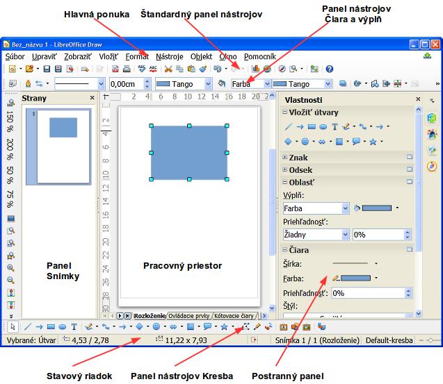 Obrázok 1: Pracovná plocha programu LibreOffice Draw Panel Strany Kresbu v programe Draw môžeme rozdeliť na niekoľko strán. Viacstránkové kresby sa používajú najmä na prezentácie.