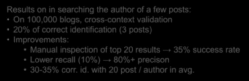 stylometric profiling Results on in searching the author of a few posts: On 100,000