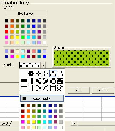 rýchle voľby ohraničenia preddefinované štýly čiar náhľad orámovania farba čiar Obrázok 8 Záložka Orámovanie Záložka Vzorky umožňuje vytváranie plnej farby pozadia alebo farebnej vzorky (z