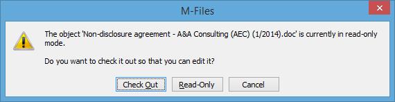 The check out is prompted when double-clicking the file in M-Files: Check Out reminder Documents checked out to the current user are highlighted with a green
