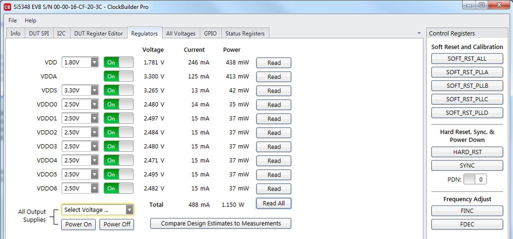 Figure 6.3. Application #2: EVB GUI Use the EVB GUI to: Download configuration to EVB s DUT (Si5348) Control the EVB s regulators Monitor voltage, current, and power on the EVB 6.