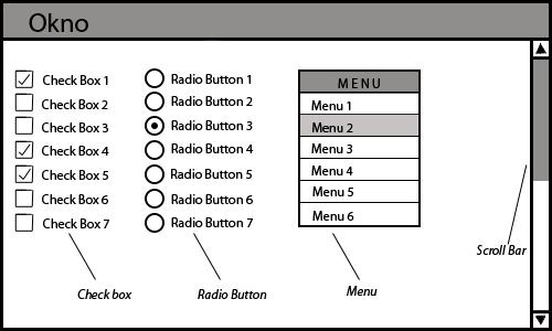Obrázok 5 Ukážka komponent check box, radio button, menu a scroll bar 4.3 Tvorba GUI Tvorba grafického užívateľského prostredia závisí vo veľkej miere od použitej platformy.