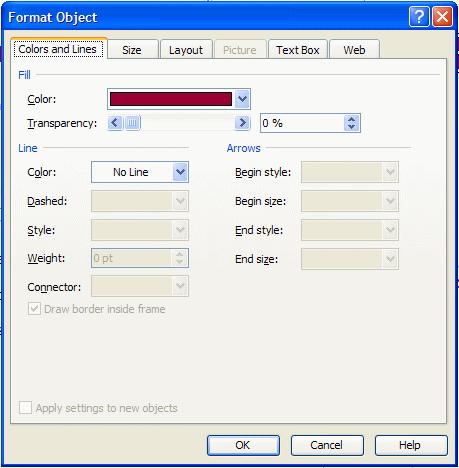 When the Format Object menu at the left appears, you may change the Colors and Lines, Size, Layout, etc., as you desire.