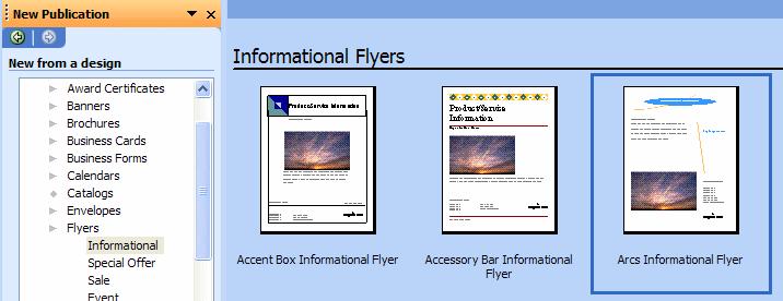 When you have viewed brochures, to your satisfaction, click-on Newsletters in the Start from a design portion of the Task Pane as you did for Brochures and Flyers.