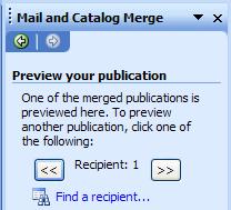 If you click-on the >> or << arrows you will see the address of each individual recipient from the mail merge appear in the Address area of the brochure.