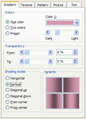 The following Fill Effects menu screen will appear. Click-in the small circle to the left of One color (see arrow). A Color 1 color box will appear to the right of One color.