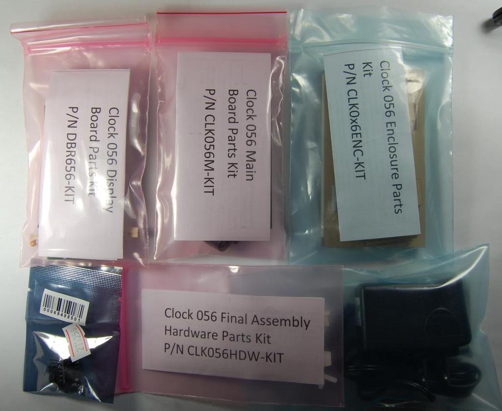 GEKCO DIGITAL CLOCK P/N CLK056 ASSEMBLY & OPERATION MANUAL 3. Parts and Unpacking The kit is packaged in the order that the assembly is recommended. Each assembly block has it s associated parts bag.
