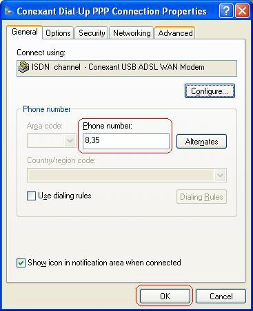 Step 3: The General tab of the Conexant Dial-Up PPP Connection Properties window allows you to specify a