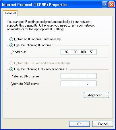 Step 5: Use the Internet Protocol (TCP/IP) Properties window to modify the IP address and DNS Server addresses as follows: Change the IP address to a user defined address by selecting Use the
