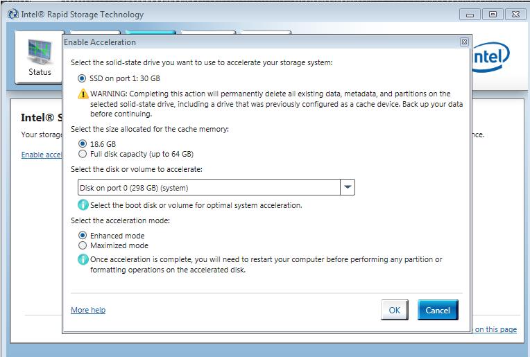 5 A window titled "Enable Acceleration" for configuring Smart Response will pop up.