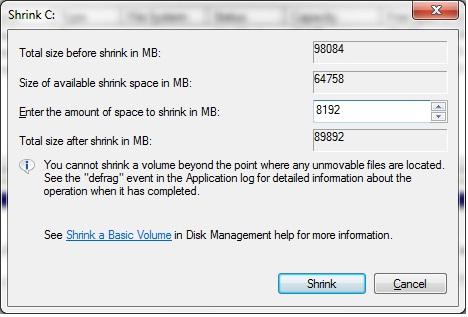 4 Enter the size of the required partition in the field marked "Enter the amount of space to shrink in MB." The Dell recommendation (and factory default) is 8192.
