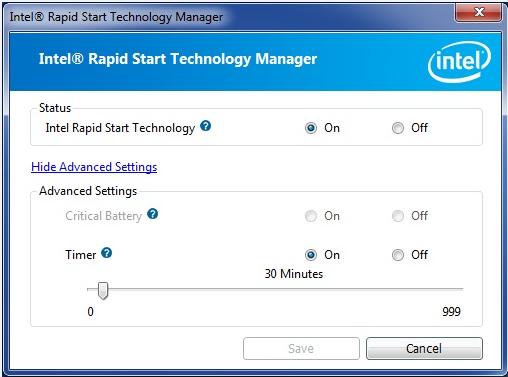 Status: This option allows the user to enable or disable Rapid Start from within Windows.