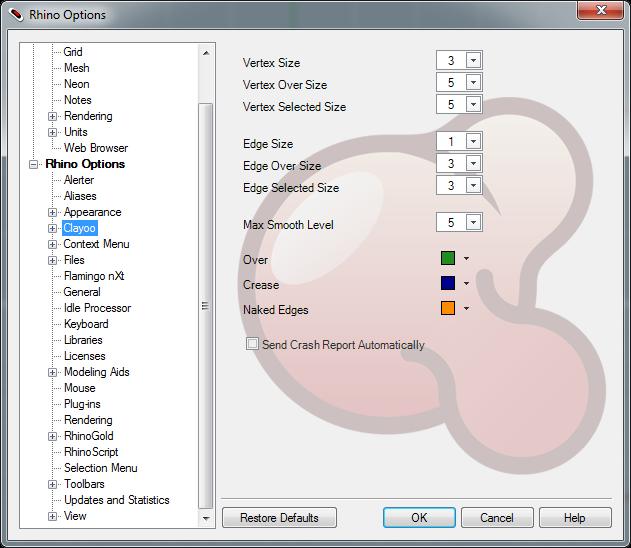 Options Toolbar Menu Command Clayoo > Options Clayoo > Options Options In Rhino Options page you can acces to Clayoo options, here you can set up some Clayoo features as you like.