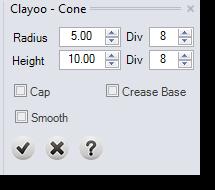 When you run the command, it will display a dialog where you can change the following parameters: Radius and Height define the size of the cone.