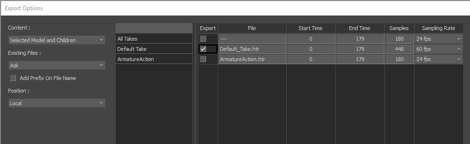 In the export options you can tell MotionBuilder how you want the data exported. We only need to export the default take. Make sure you set the sampling rate to match your game s FPS.