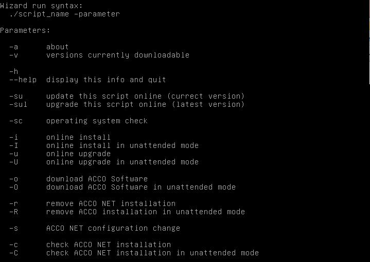 44 ACCO NET SATEL to restart the ACCO Server program: service acco-server restart to check the currently installed version of the operating system: cat /etc/debian_version to start help for the