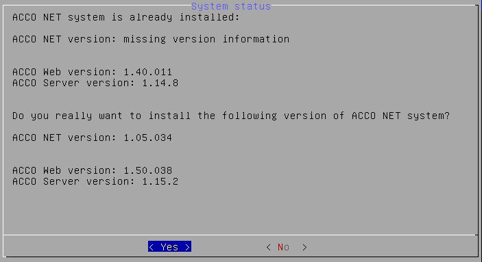 A comparison between the installed versions of ACCO NET system, ACCO-WEB application and ACCO Server program and the versions of
