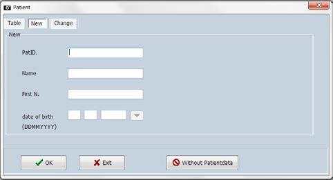 3. Enter the patient number, Surname, First name and date of birth. Only the patient number is mandatory. 4. Click the button OK.