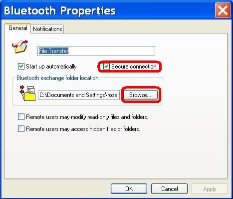 Highlight File Transfer service from the list by clicking on it. Then click the Properties button in the lower left. 2.4.16 The Bluetooth Properties window will appear.
