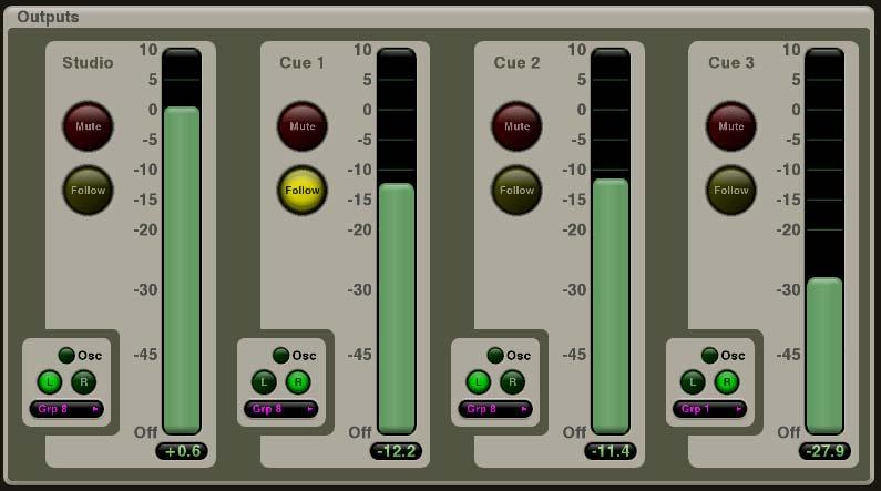 13.0.04 Output Control Studio and Cue 1-3 The Music Monitor Page provides control for four separate stereo outputs which are dedicated for studio monitors or headphone feeds.