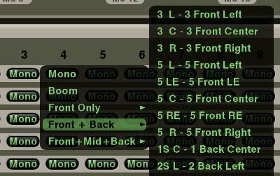 Selecting a panning mode places a speaker name above each of the either 8 or 16 columns. Pan mode selection is made at the Shared page.