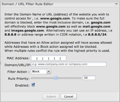 The settings for the MAC Address WebFilter Rules section match those for the Network WebFilter Rules, except that you must assign a MAC address instead of a network to each rule.