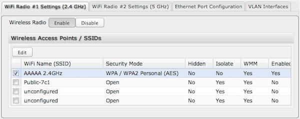 Wireless Radio: Enable/Disable. (Default: Enabled). Leave enabled unless you don t want any Wi-Fi networks broadcast from your router. Select a Wi-Fi network and click Edit to change the settings.