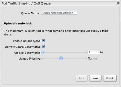 Click Add to create a new Traffic Shaping/QoS queue. Queue Name: Choose a name that is meaningful to you. Upload Bandwidth Enable Upload QoS: (Default: Enabled.