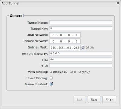 In order to set up a tunnel you must configure the following: Local Network and Remote Network addresses for the Glue Network, the network that is created by the administrator that serves as the glue
