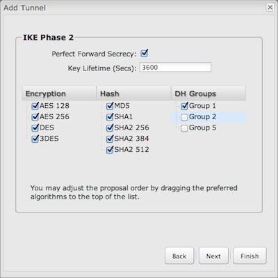 Perfect Forward Secrecy (PFS): Enabling this feature will require IKE to generate a new set of keys in Phase 2 rather than using the same key generated in Phase 1.