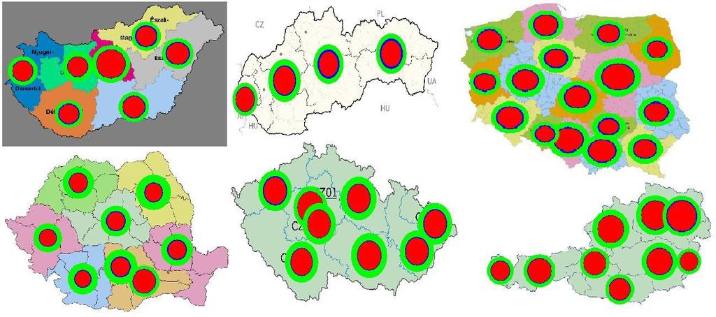 Obrázok 3. Zobrazenie relatívnych dát na úrovni regiónov v roku 2007. Zobrazenie veľkosti jednotlivých skupín (červená služby, modrá nezamestnaní, zelená priemysel) na úrovni regiónov.