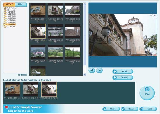 Using Simple Viewer Viewing pictures stored on the PC with the digital camera ( Export to the card) Transferring pictures from the PC to the Card to enable them to be reproduced by the digital camera.