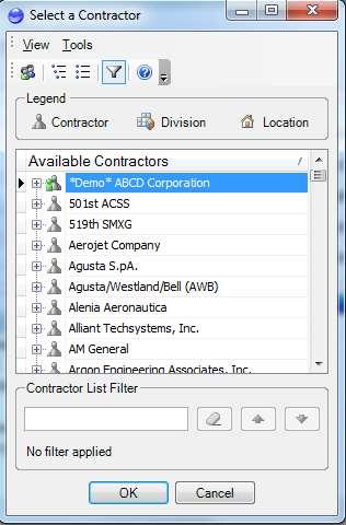 References 3.3.4.1 Contractor Selection Within the RDT dialog, contractors can be added to a Program, Contract, or Subcontract Plan via the following dialog: 1.
