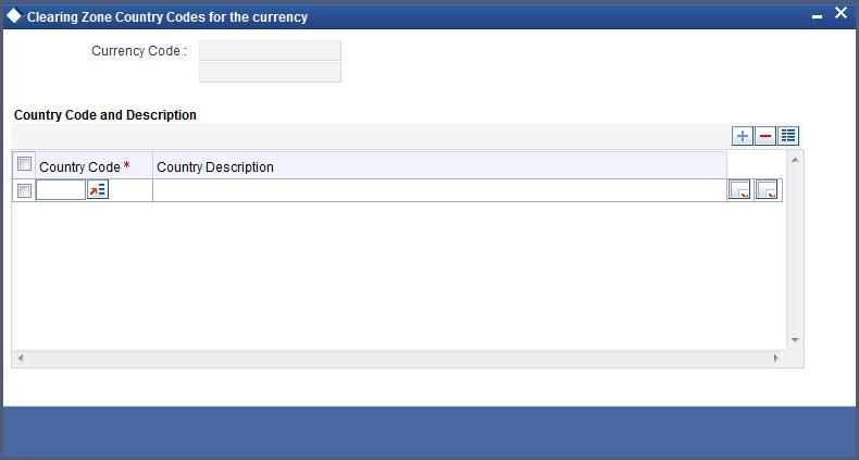 The screen appears as shown below: You can map a currency code to a country in this screen. 10.2.